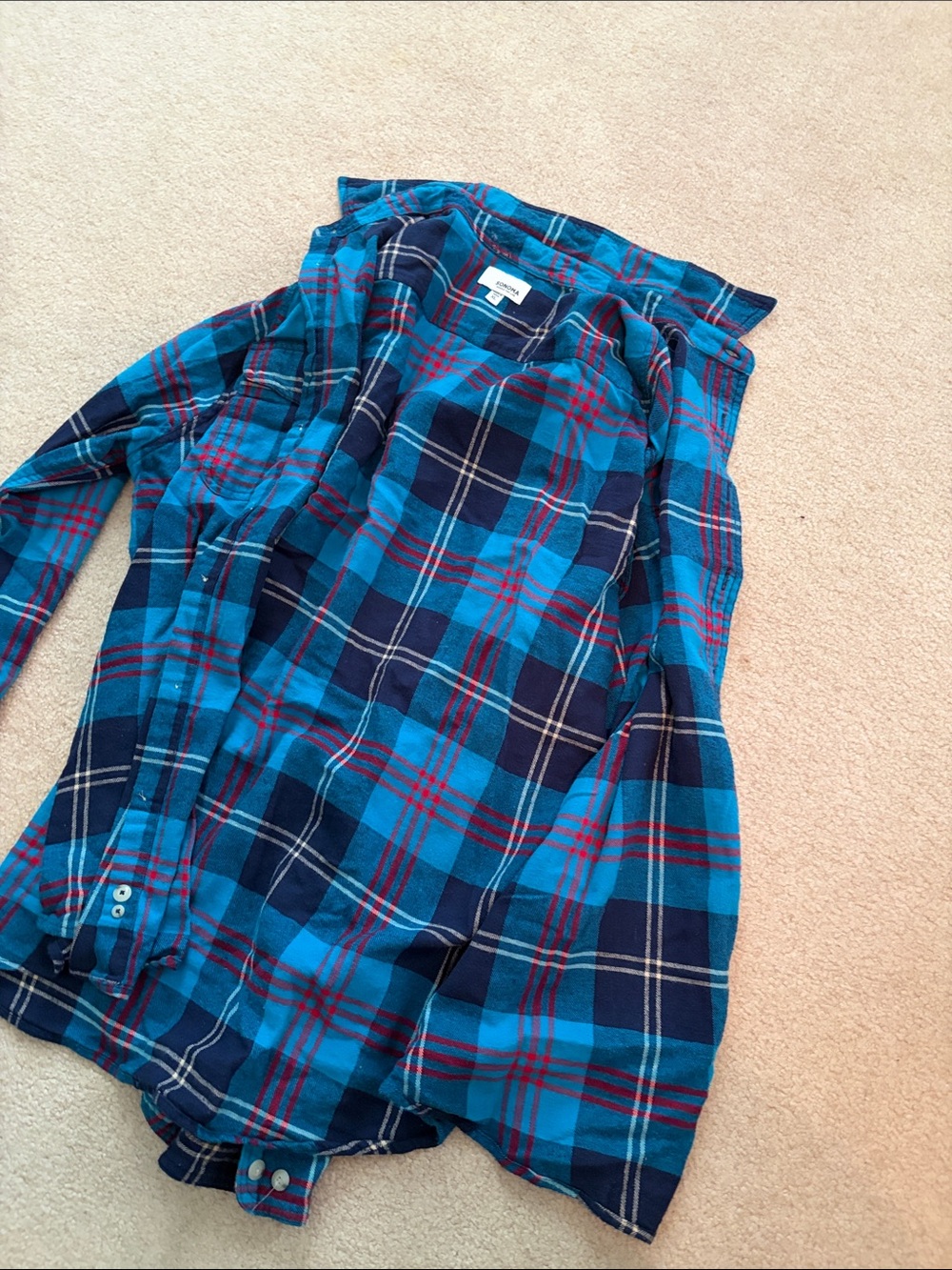 Sonoma Blue Plaid Button-Down Shirt with Red Accents